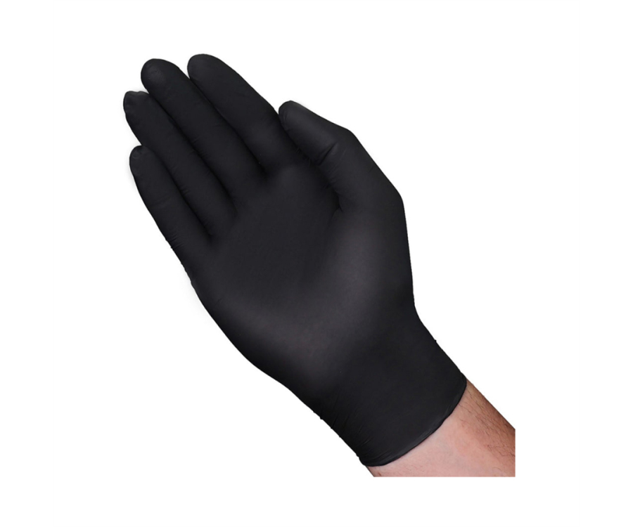 A hand wearing a black disposable glove, shown against a white background. VGuard® 3.5-mil Black Nitrile Industrial Gloves (Large, 100 Gloves/Box, 10 Boxes/Case)